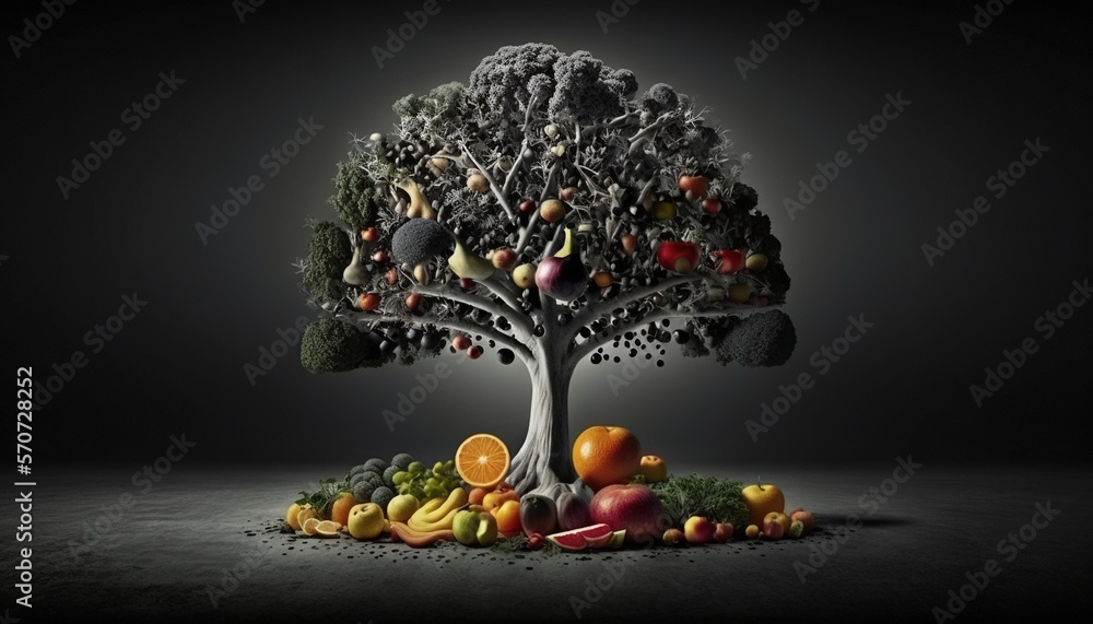 a tree with fruits and vegetables growing out of it on a dark background with a black background an