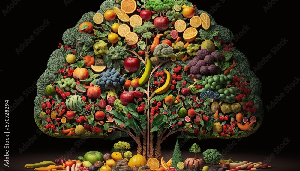  a tree with a lot of different fruits and vegetables on its side and a lot of other fruits and veg
