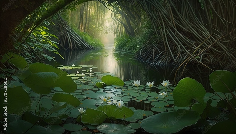  a painting of a swamp with lily pads and a light at the end of the tunnel that leads to a river sur
