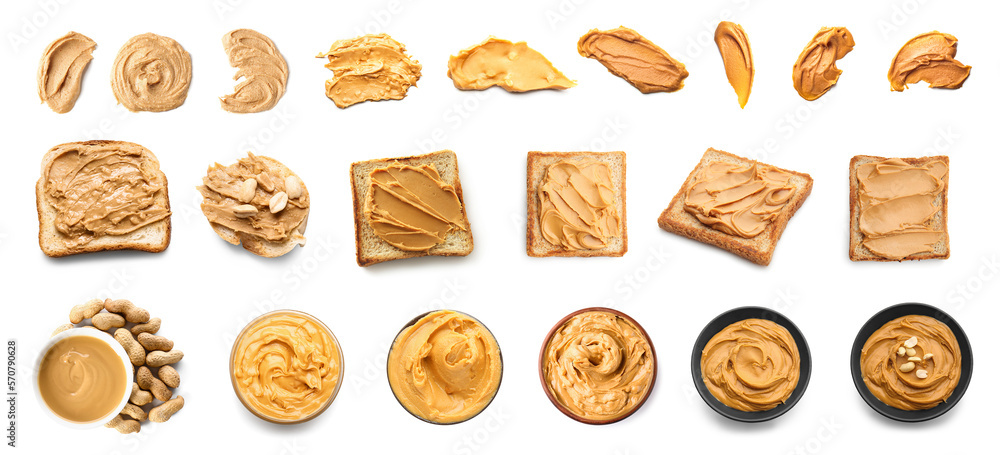 Set of tasty peanut butter on white background