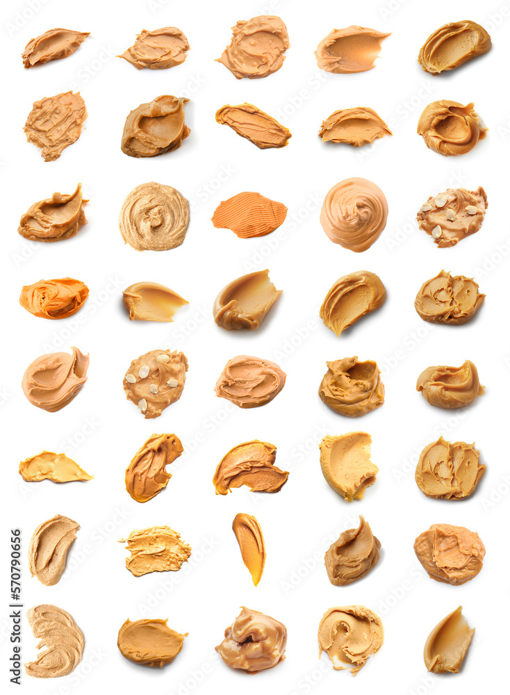 Collage of tasty peanut butter samples on white background
