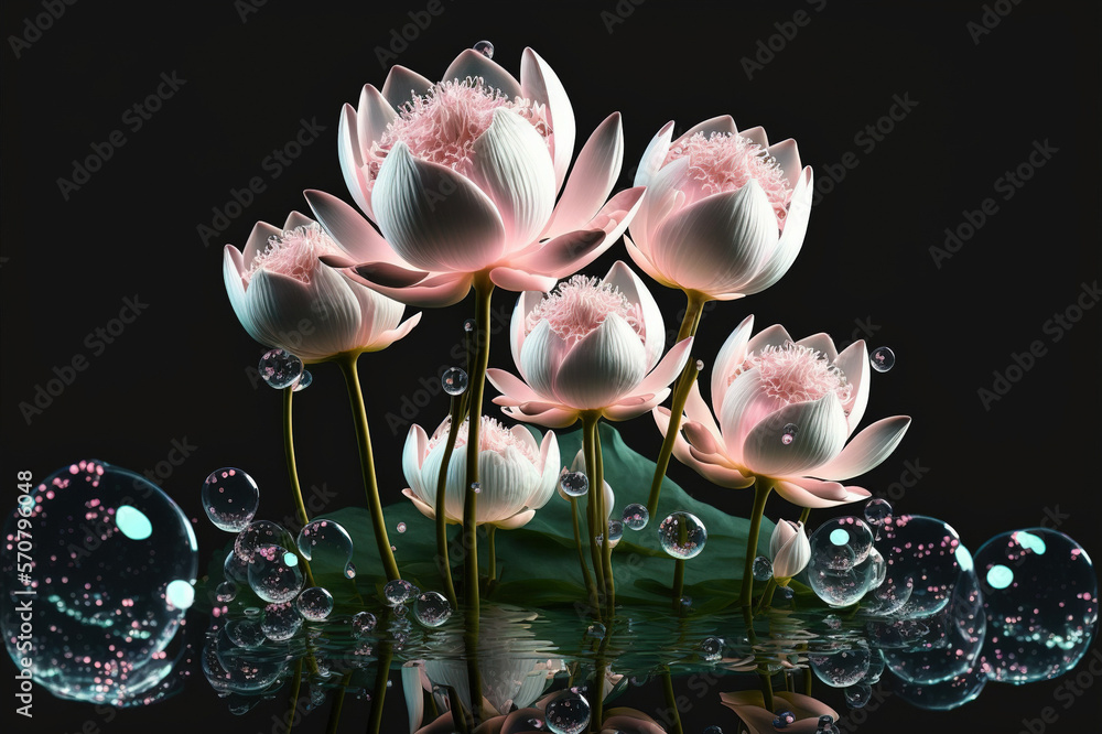 Dreamlike image of light glowing lotus flower or water lily with transparent pink illumination under
