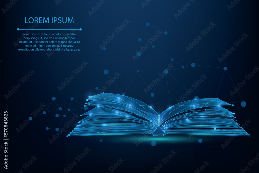 Abstract mesh line and point open book. Low poly education concept. Polygonal vector futuristic illu