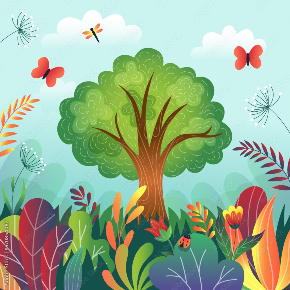Bright jungle tales landscape. Children forest. Mysterious grass and leaves. Wild big fairy tree. En