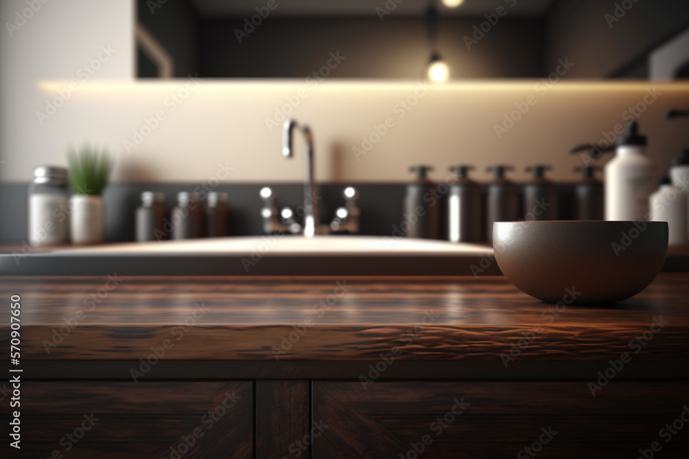 Perspective dark wood table, counter in the bathroom, mock-up for montage products display or design