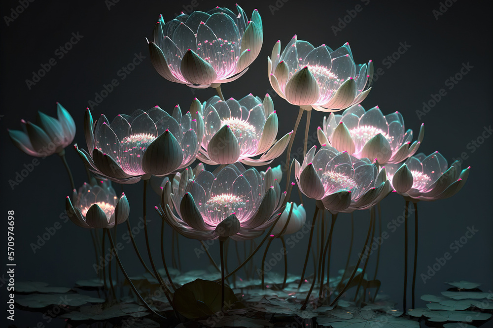 Dreamlike image of light glowing lotus flower or water lily with transparent pink illumination under