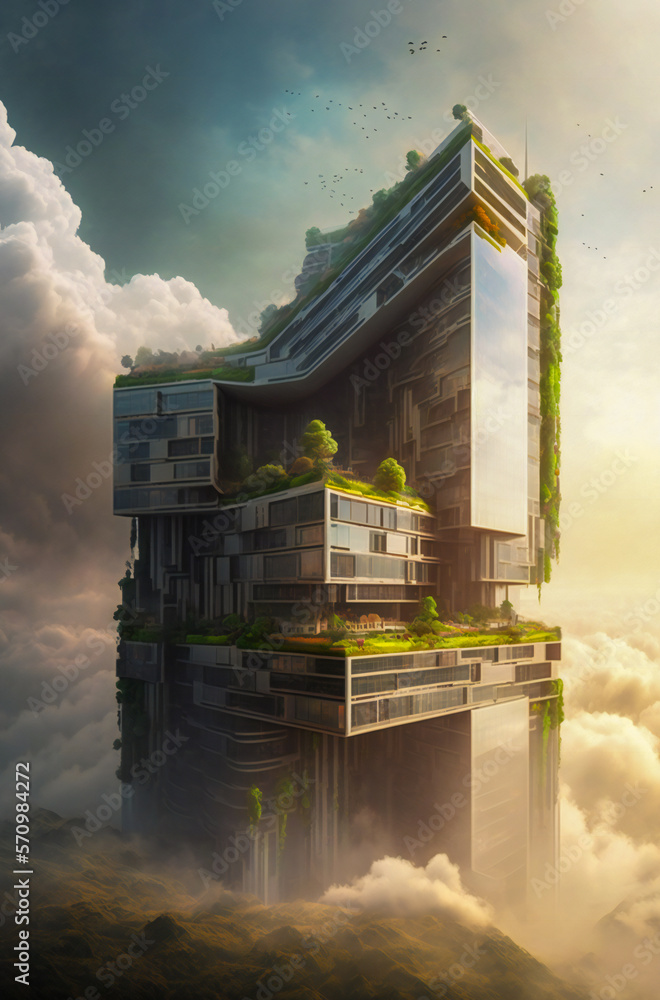 Futuristic sky scrapper above the clouds, with green hers terraces. Fictional architecture. Created 