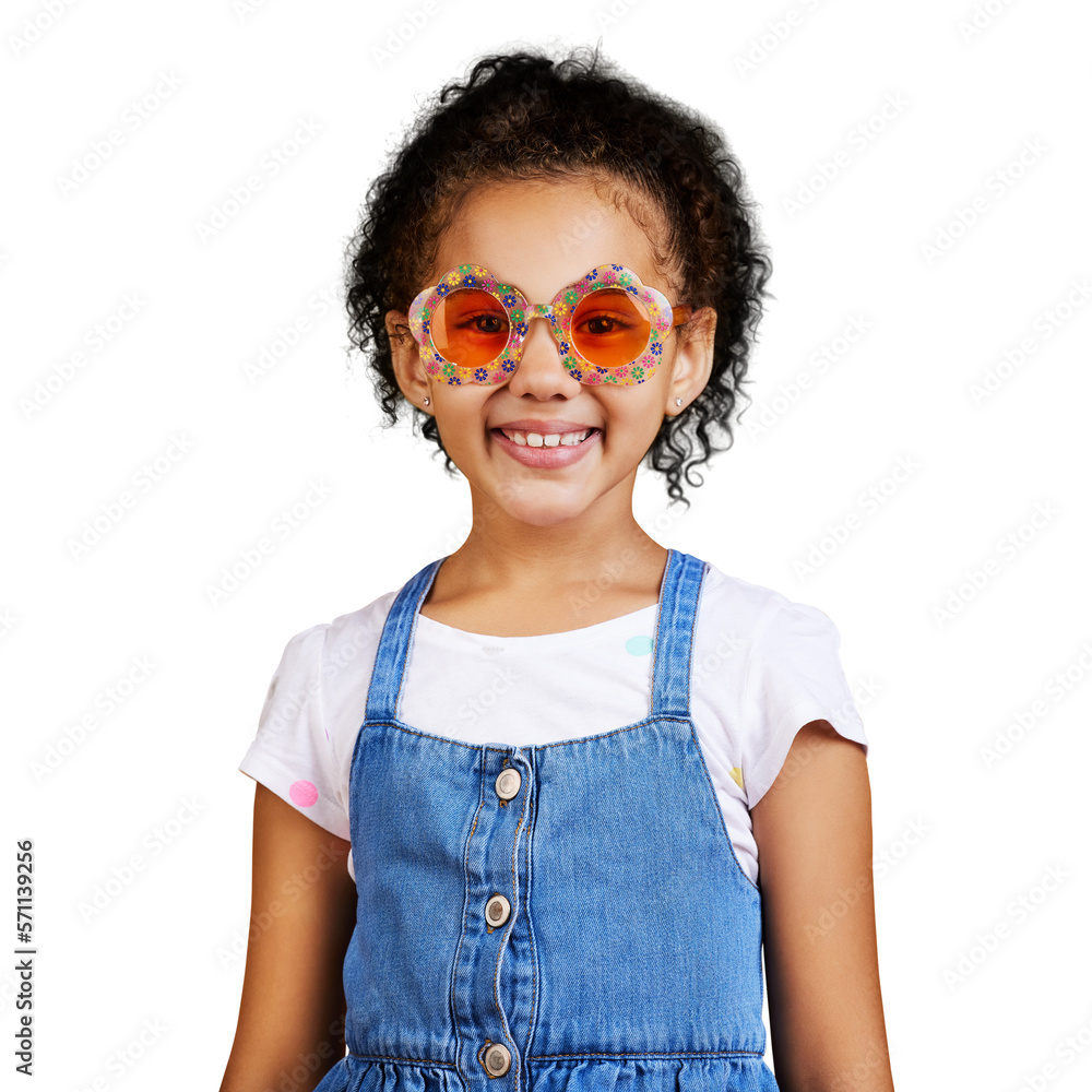 A cute little girl wearing funky sunglasses isolated on a png background. Happy and carefree kid wit