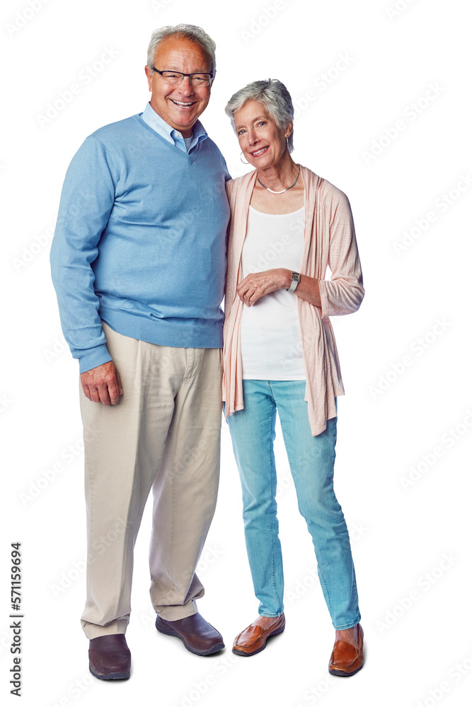A full-length shot of a happy senior couple standing together in affection and love isolated on a pn