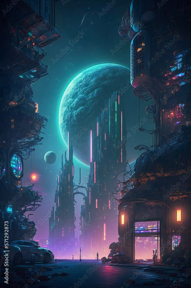 Futuristic city on an alien planet. Created with Generative AI technology.