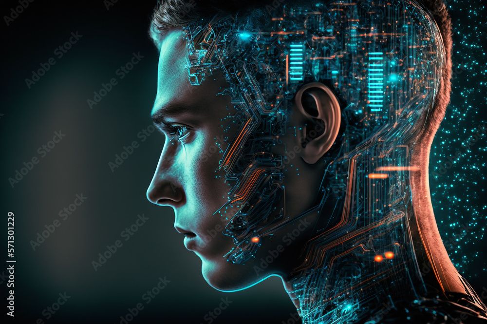 Young man with electronic circuits. Artificial intelligence concept. Created with Generative AI tech