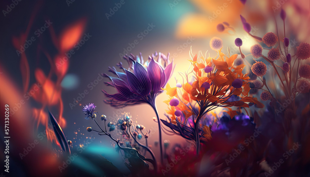 Abstract fantasy wonderland Springs flowers on blurry background, seasoning of floral, composition f