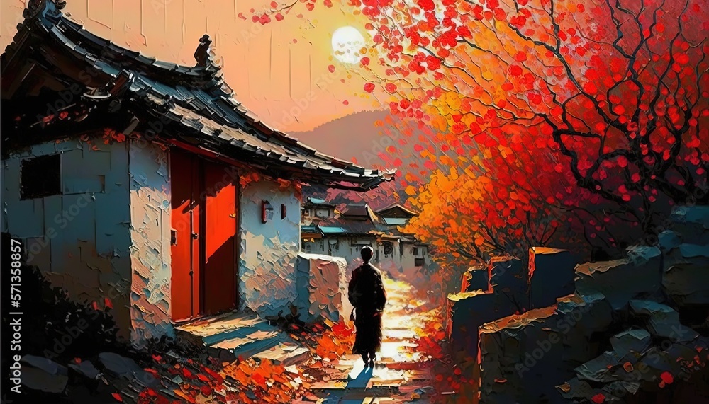paint like illustration of beautiful ancient Asian village small town with people walking on narrow 