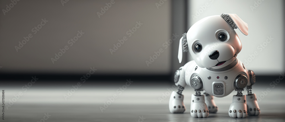 Cute robotic puppy isolated on large empty background. White happy little dog robot. Futuristic pet 