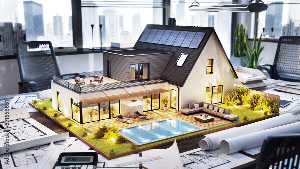 Сonstruction plan and home design development. Modern house with solar panels