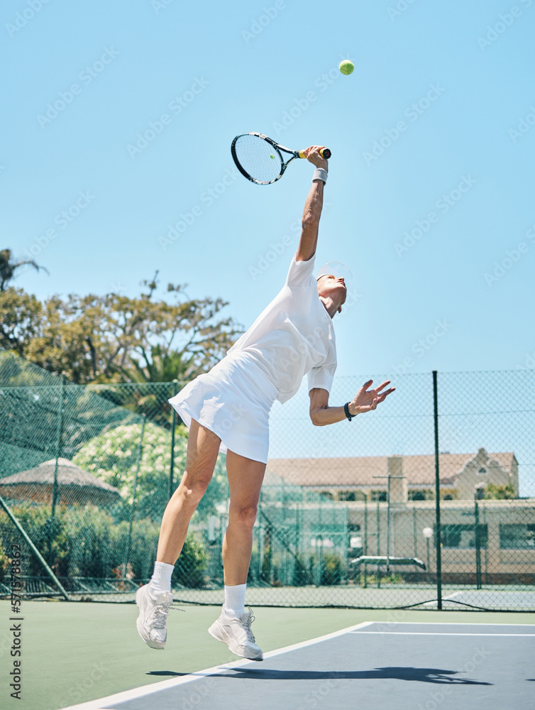 Tennis serve, sports and woman jump on outdoor court, fitness motivation and competition with athlet