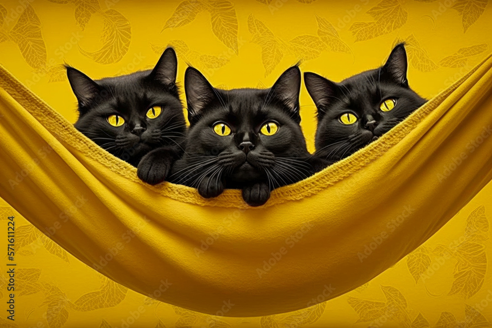 Three black cats sitting in yellow hammock. Generative AI.