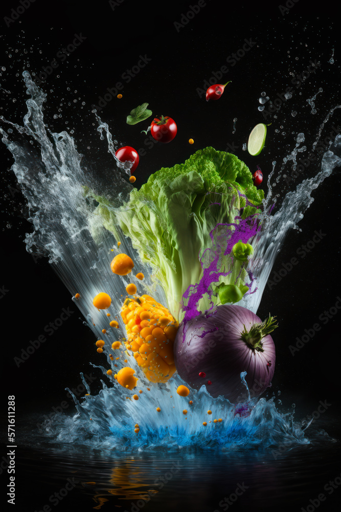 Bunch of vegetables are splashing into the water. Generative AI.