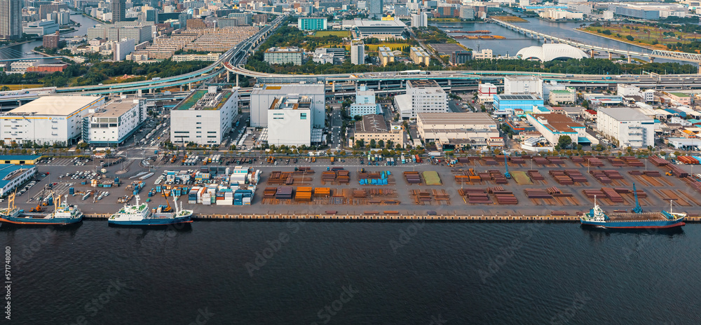Aerial view of Odaiba Harbor shipping freight docks in Minato City, Tokyo, Japan