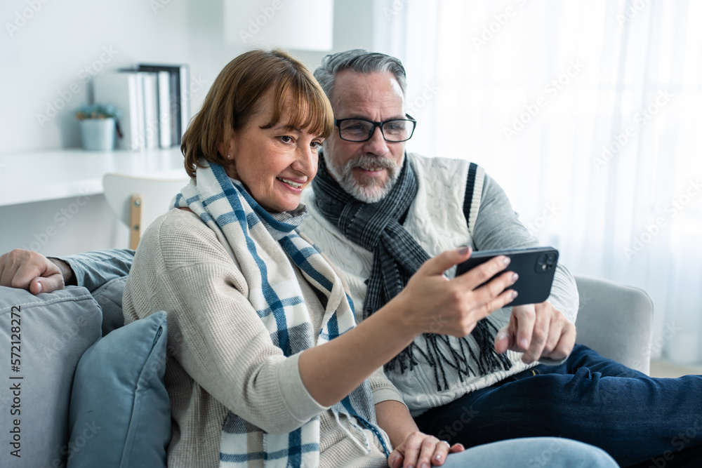 Caucasian senior couple video call with family in living room at home.