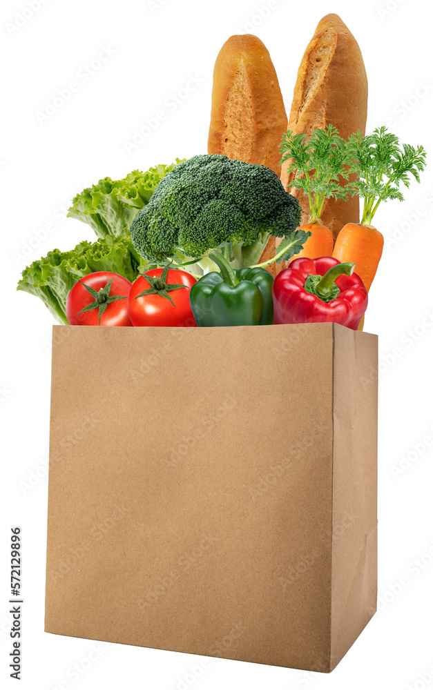 Freshly vegetables and Delicious baguette bread in paper bag isolated on white background, Chinese C