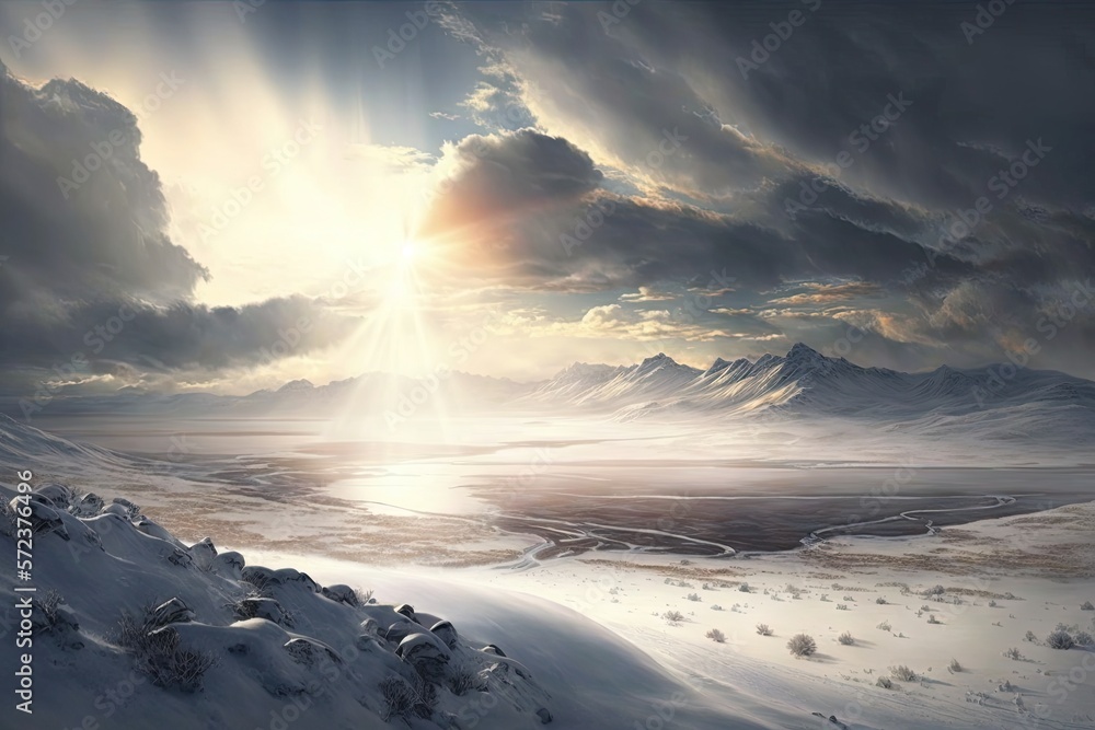 Snow-covered winter landscape depicting a vast plain or valley, with mountains visible in the distan