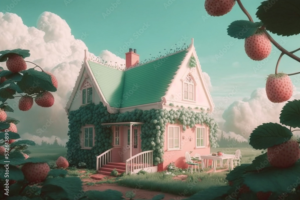 a pale green fairy-tale world with a cute house, created by a neural network, Generative AI technolo