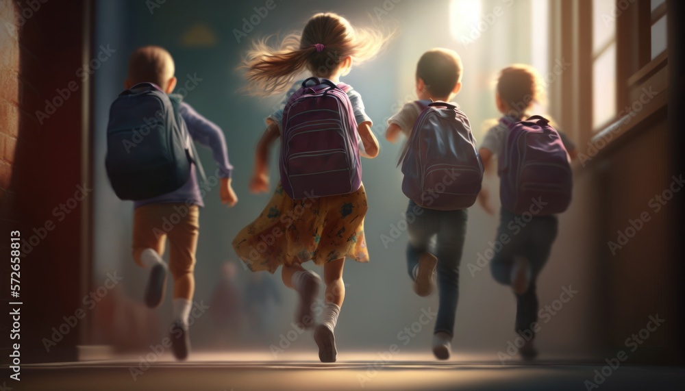 A group of schoolchildren with backpacks runs to school. Generative AI