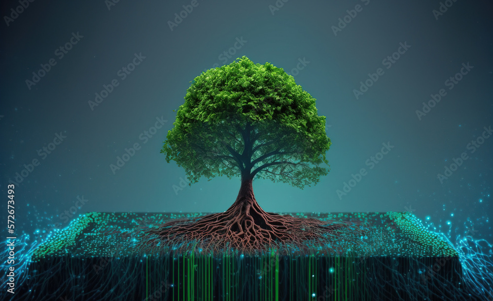 A beautiful large tree growing on the micro chip computer circuit board showing concept of digital b