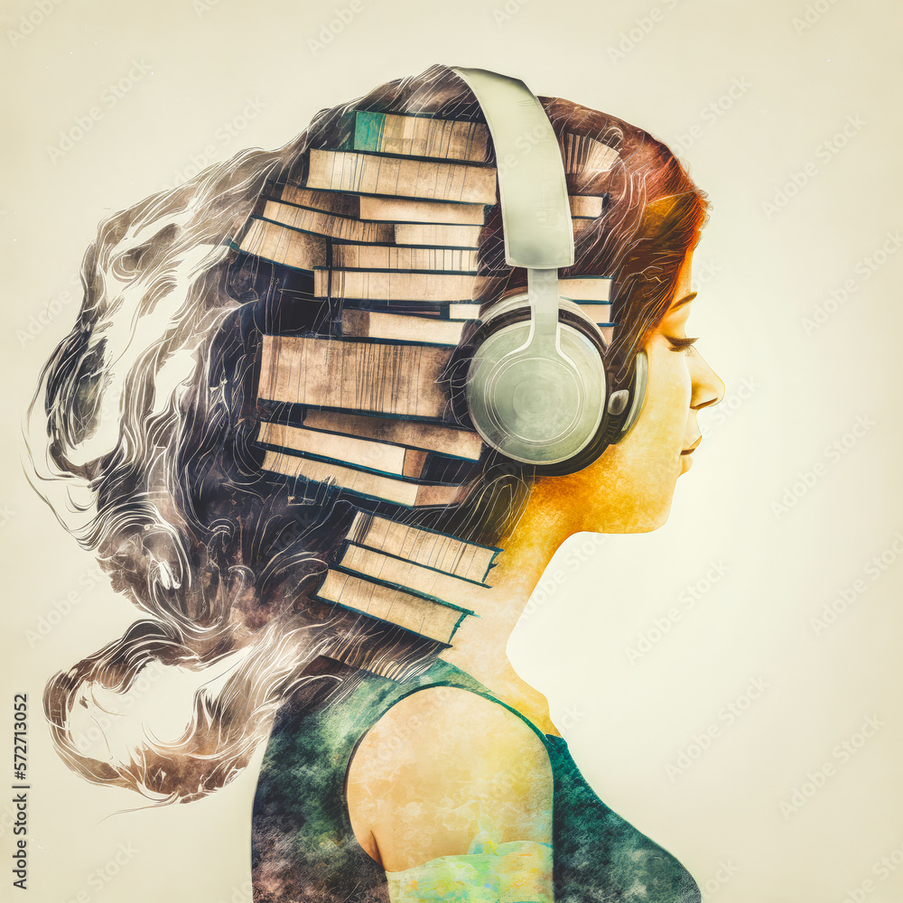 Sedate portrait of beautiful pensive woman enjoy her music with double exposure effect of book on he