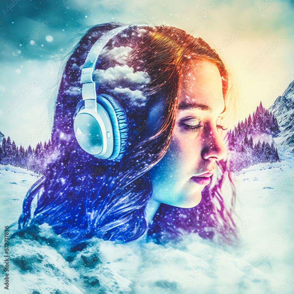 Sedate woman in headphone listening to music audio or ambient sound of double exposure snow mountain
