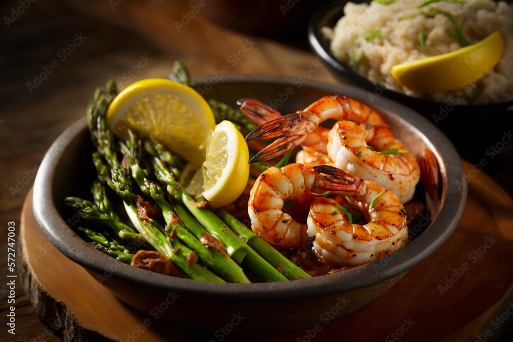 A bowl of with grilled shrimp, served with a side of steamed asparagus and two lemon wedge, generati