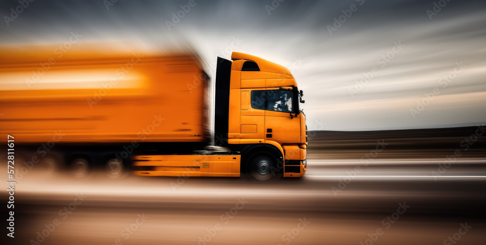 Orange cargo trailer truck, logistic delivery lorry on highway illustration, cargo concept art gener