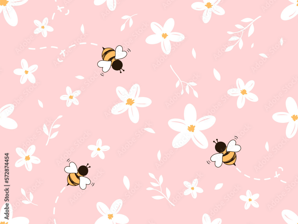 Seamless pattern with daisy flower and bee cartoons on pink background vector. Cute floral print.