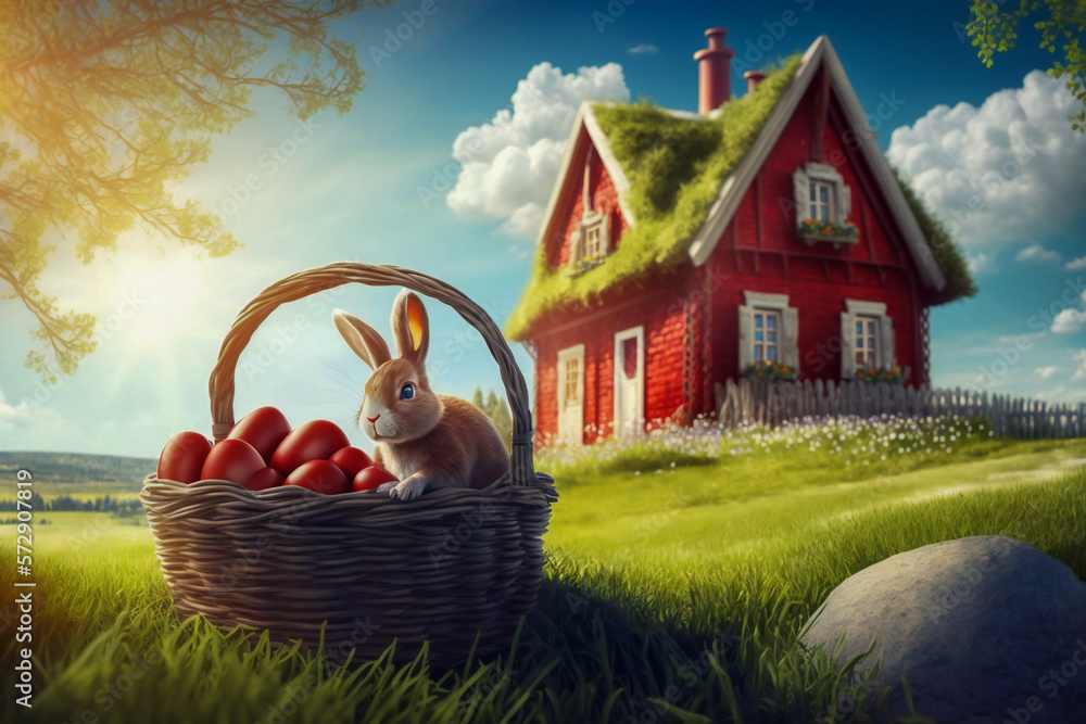 Basket with colorful Easter eggs in the green grass, with a country house in background. Created wit