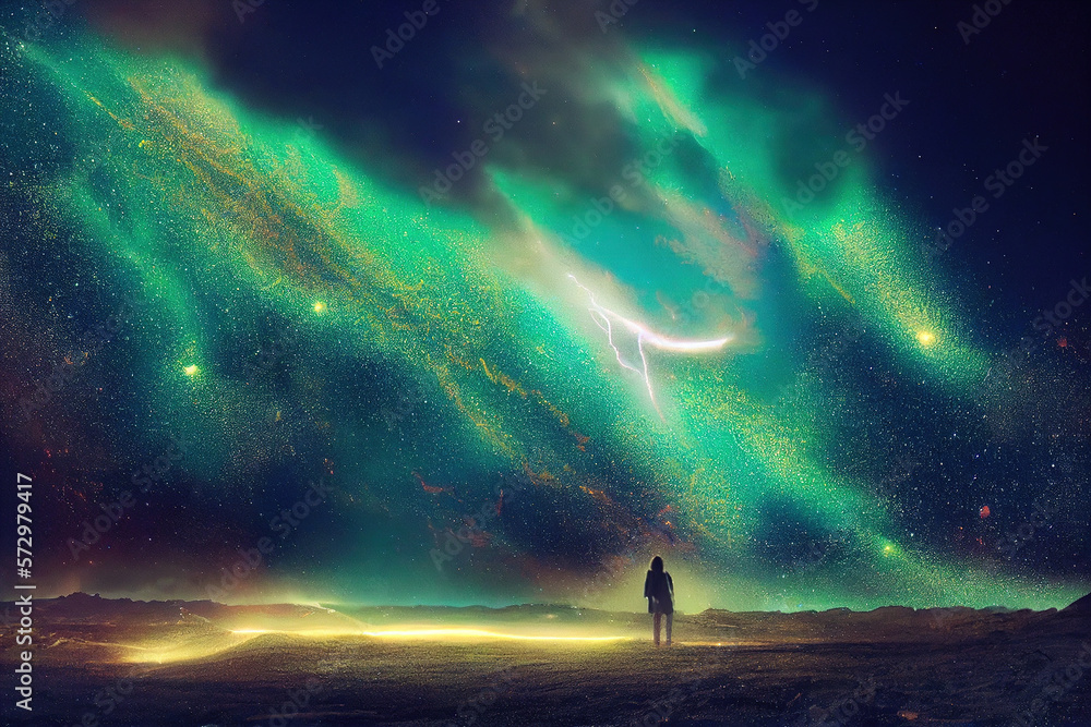 Splendid scenic night of vibrant color starry galaxy universe in bizarre sky horizon with a person o