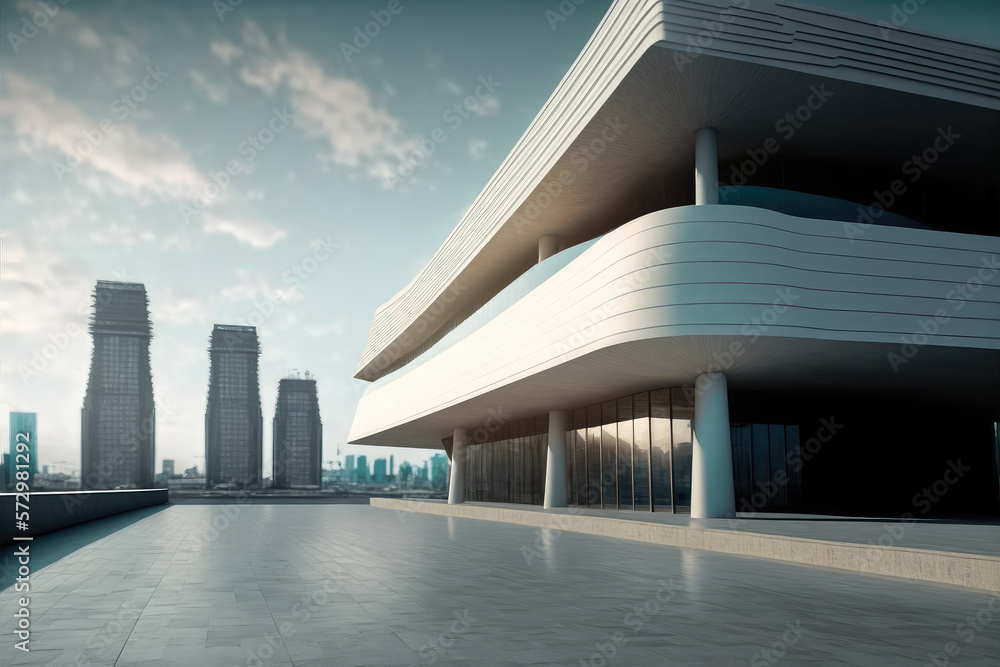 Modern architecture building design with empty concrete floor and urban city skyline in background s