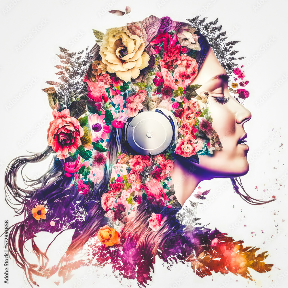 Sedate double exposure portrait of beautiful woman in headphone listen to music immerse with spring 