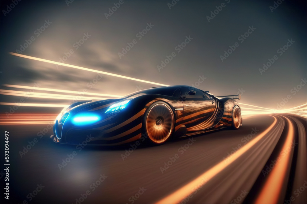 Speeding fast sports car drives on highway road with motion blur effects creating light trailing env