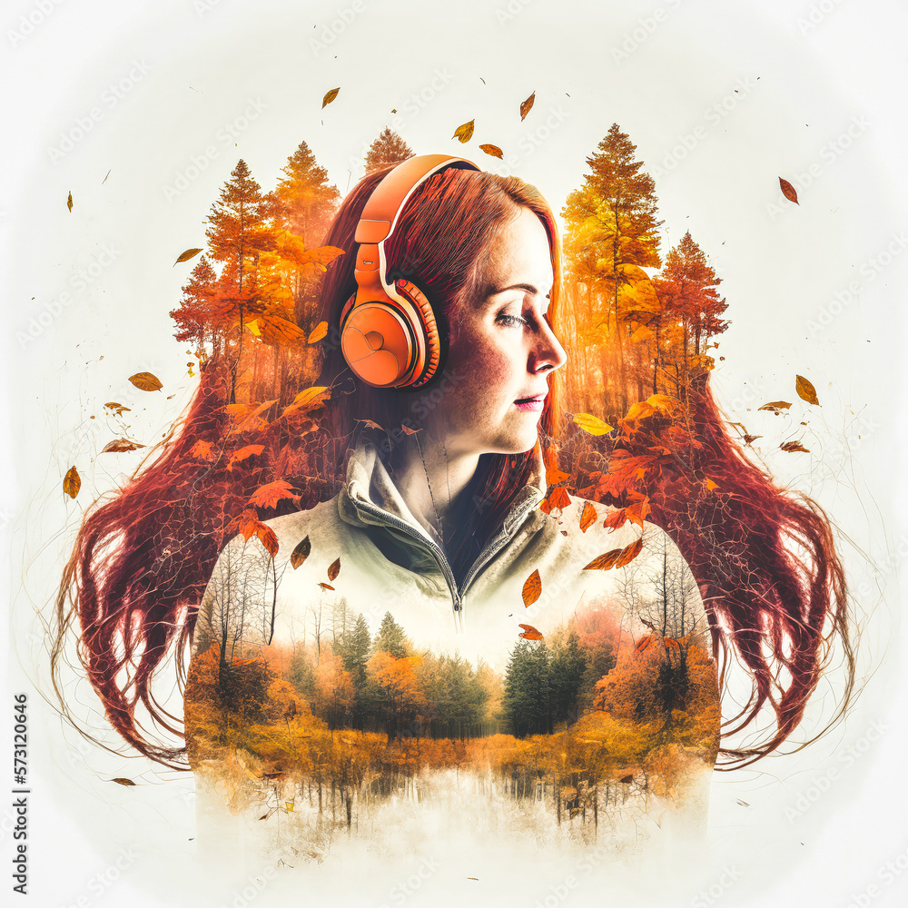 Sedate female portrait wearing headphone enjoying herself with music or ambient sound of nature in a