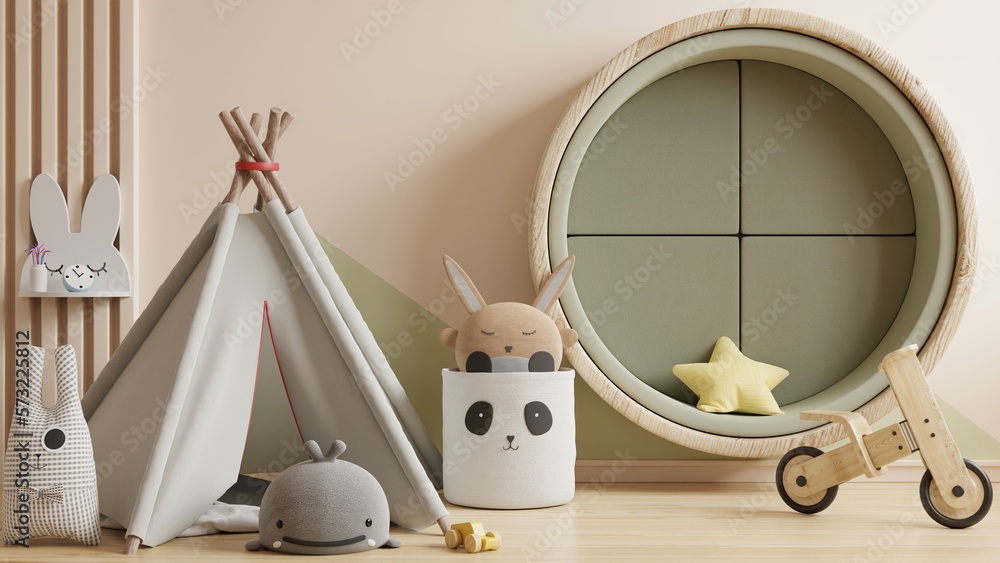 Mockup wall in the childrens room, bedroom interior on wall cream color background.