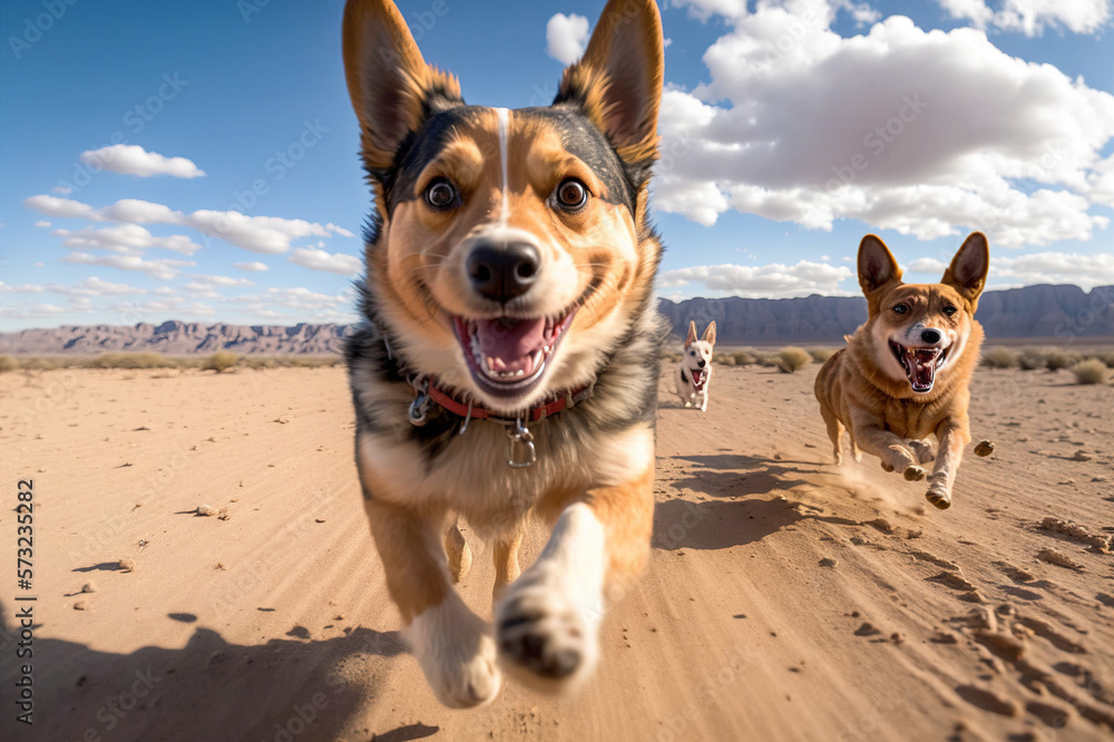 Happy dogs are running towards camera in outdoor activity . Sublime Generative AI image .