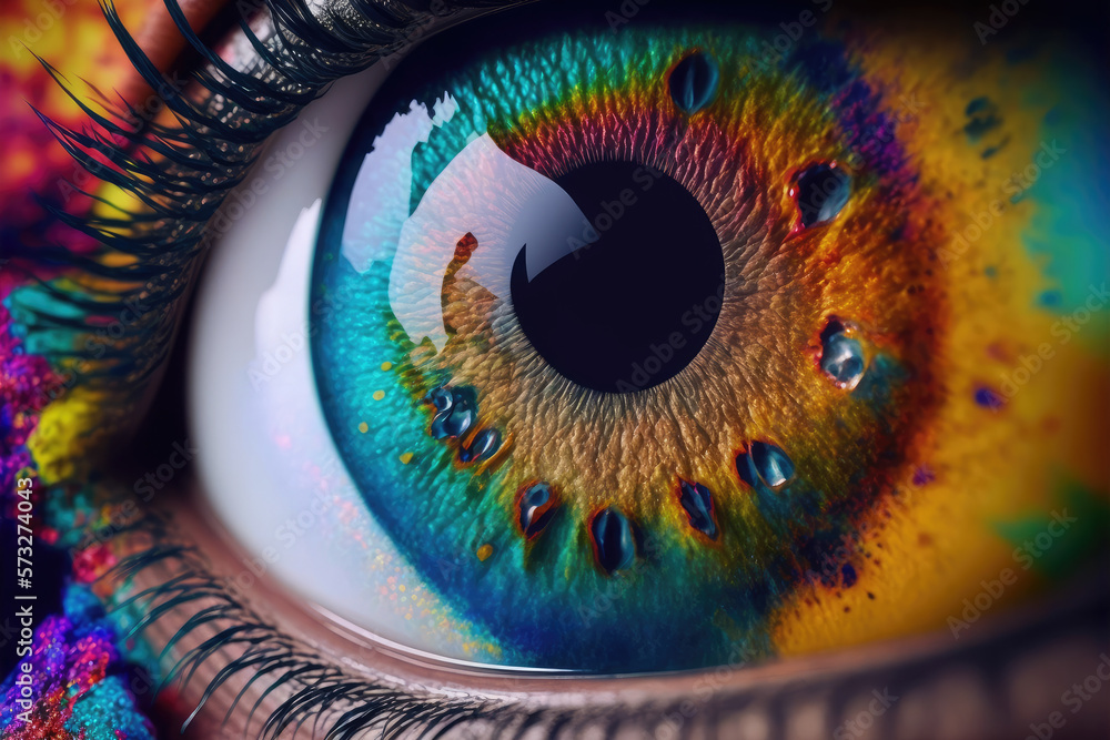 Close up view of female eye with multicolored eyeball and colorful makeup powder. Peculiar AI genera
