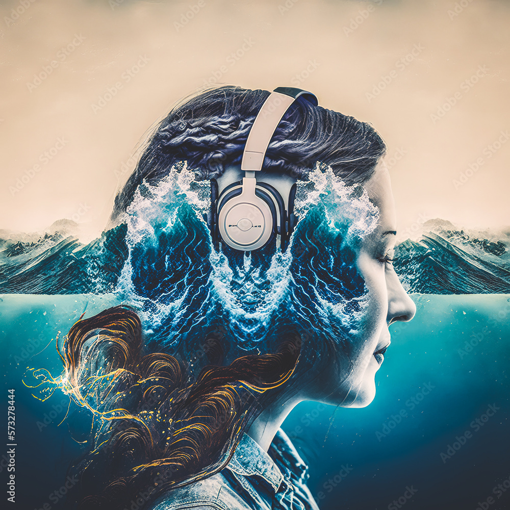 Creative double exposure sedate woman portrait wearing headphone listening to music or sound of blue