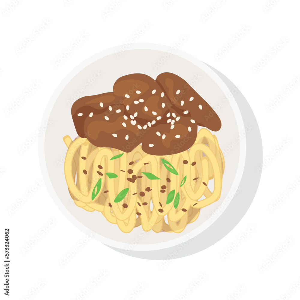 Tasty Chinese dish with noodles and meat on white background