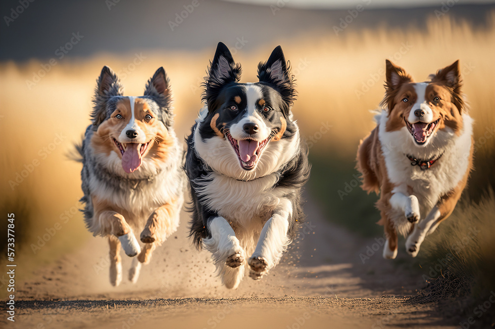 Happy dogs are running towards camera in outdoor activity . Sublime Generative AI image .
