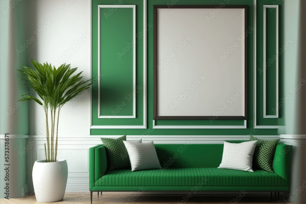 Green modern interior living room design with empty picture frame template for your desired content.
