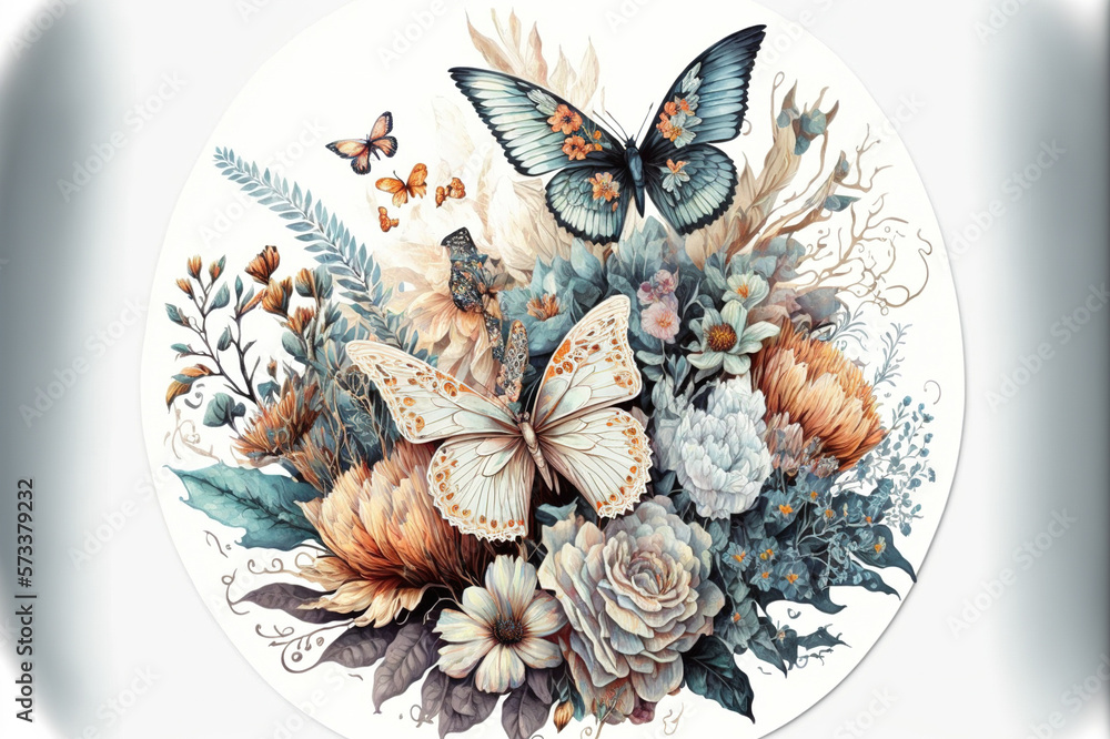 Butterflies art hand drawn painting style on white background . Sublime Generative AI image .
