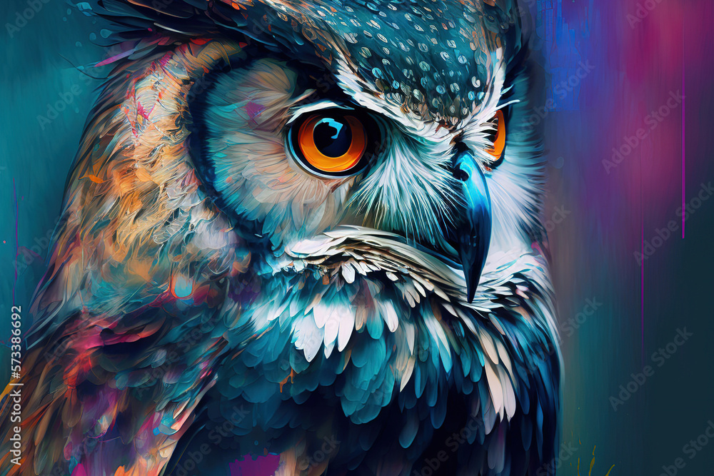 Watercolor painting of owl in style of colorful abstract art . Admirable Generative AI image .
