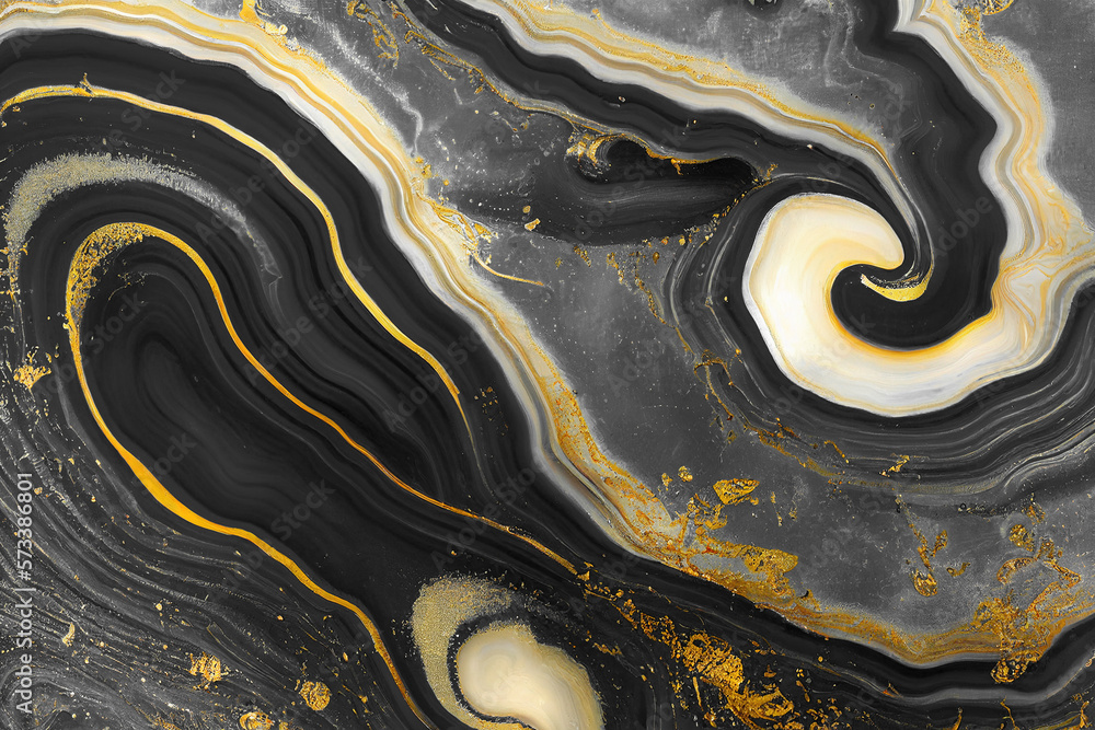 Abstract art background with a fluid marble black and gold texture. Splendid generative AI luxury ab